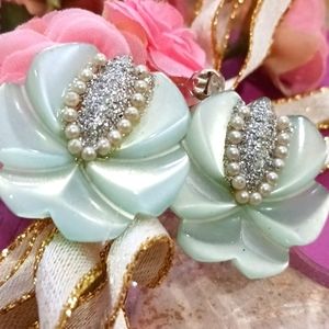 Seafoam Rhinestone Pearl Clip On Earrings